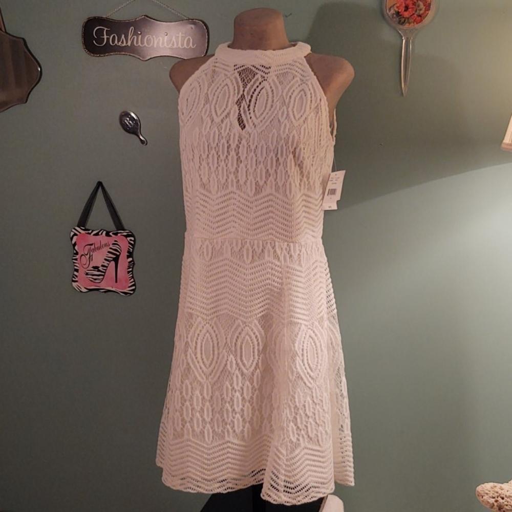 Off white halterneck summer lace cocktail dress